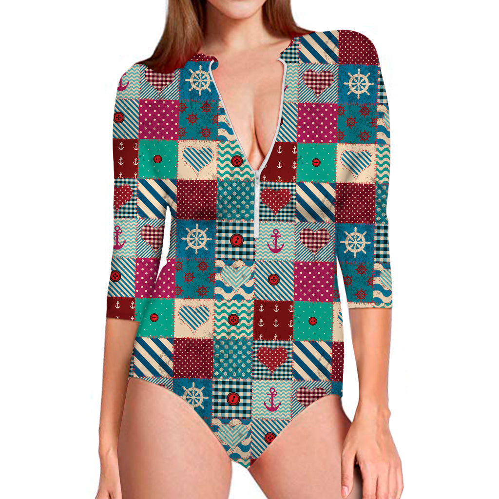 Retro Nautical Patchwork Pattern Print Long Sleeve Swimsuit