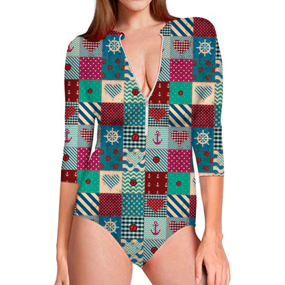 Retro Nautical Patchwork Pattern Print Long Sleeve Swimsuit