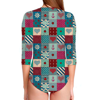 Retro Nautical Patchwork Pattern Print Long Sleeve Swimsuit