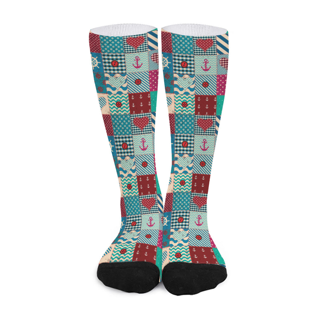 Retro Nautical Patchwork Pattern Print Long Socks