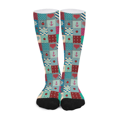 Retro Nautical Patchwork Pattern Print Long Socks