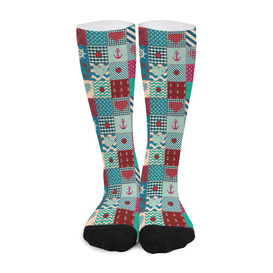 Retro Nautical Patchwork Pattern Print Long Socks