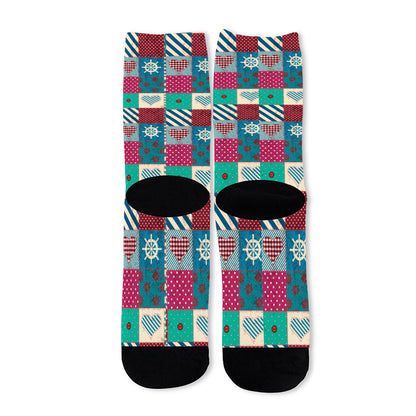 Retro Nautical Patchwork Pattern Print Long Socks