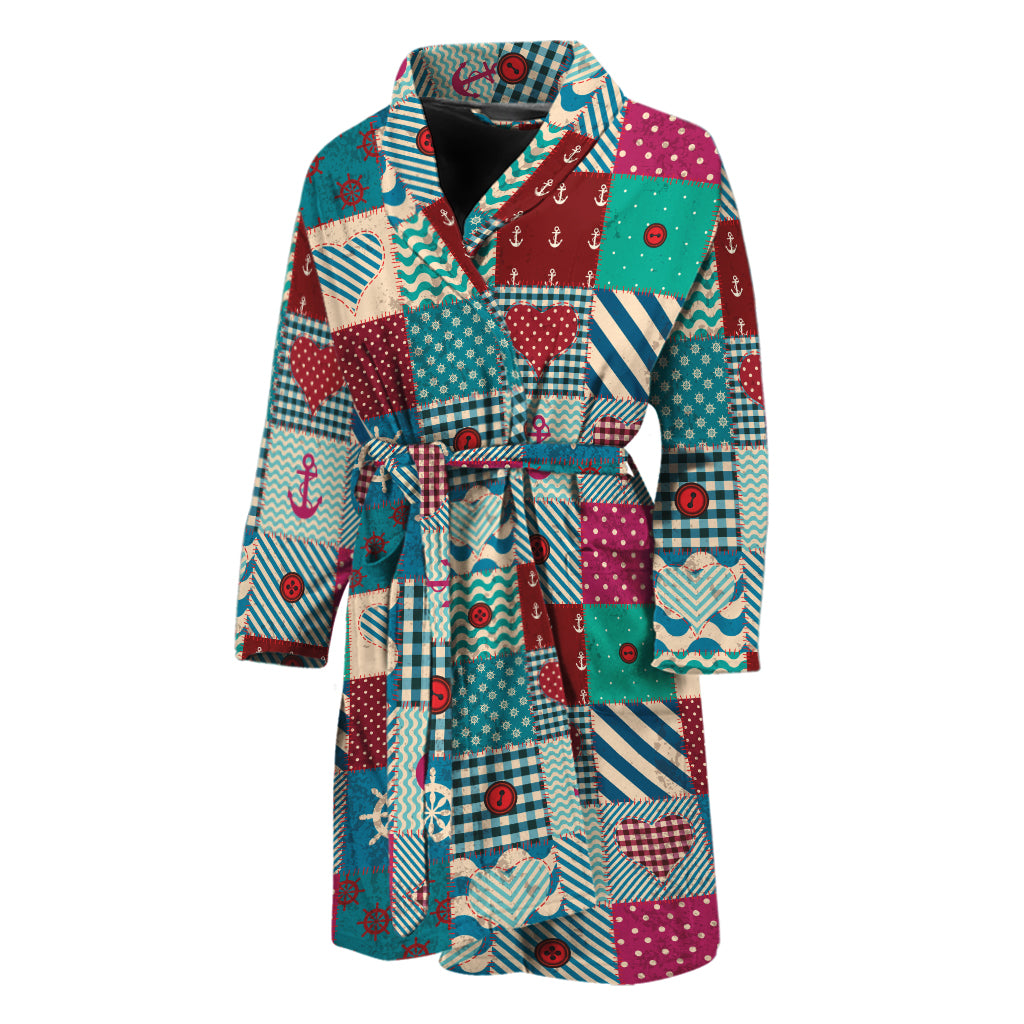 Retro Nautical Patchwork Pattern Print Men's Bathrobe