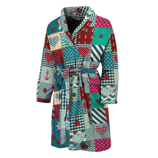 Retro Nautical Patchwork Pattern Print Men's Bathrobe