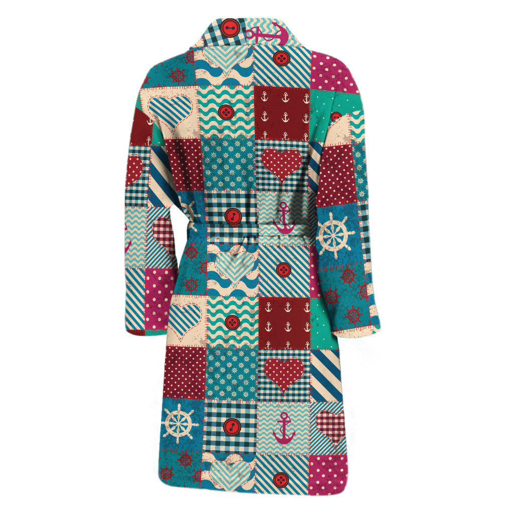 Retro Nautical Patchwork Pattern Print Men's Bathrobe