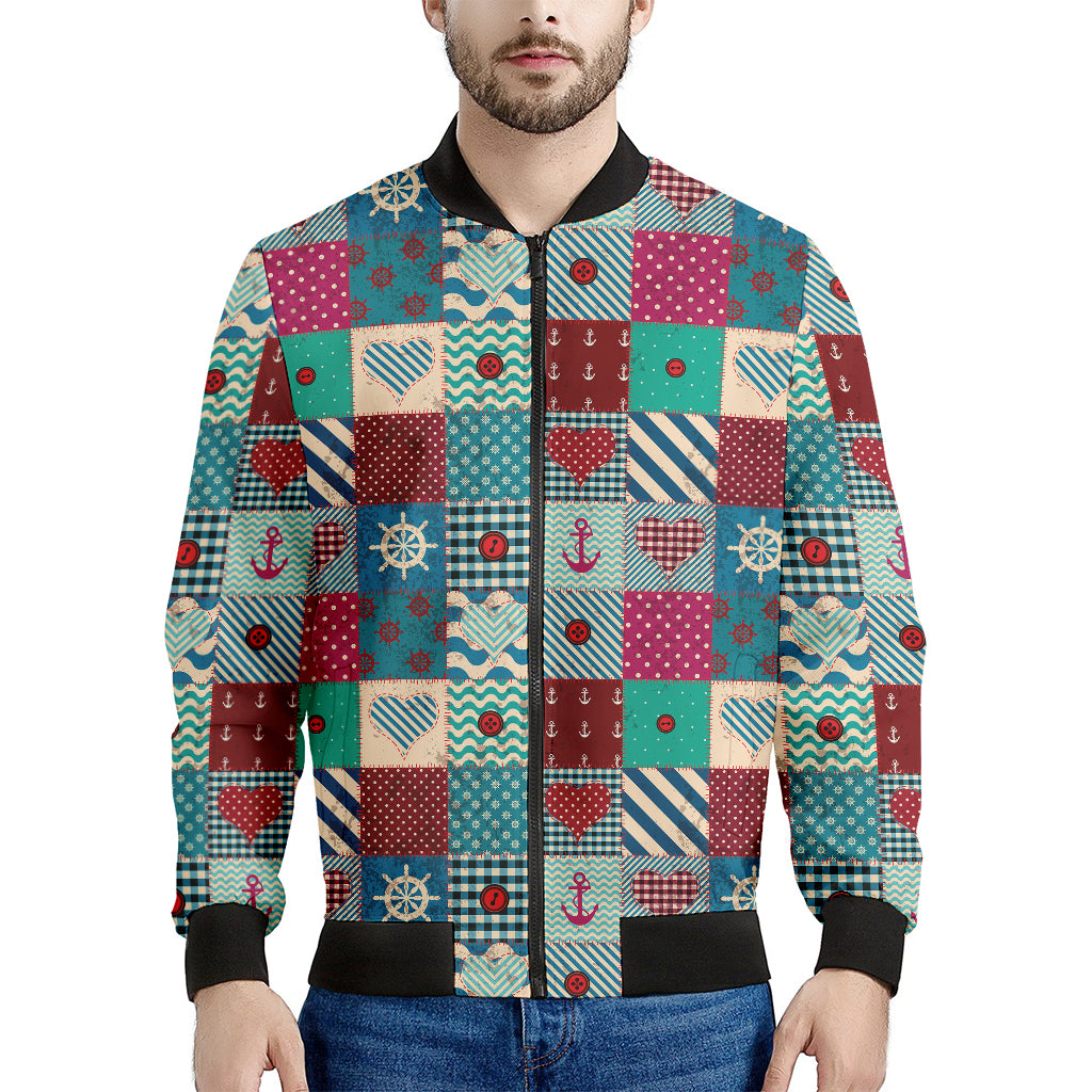 Retro Nautical Patchwork Pattern Print Men's Bomber Jacket