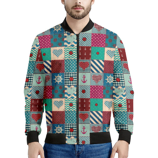 Retro Nautical Patchwork Pattern Print Men's Bomber Jacket