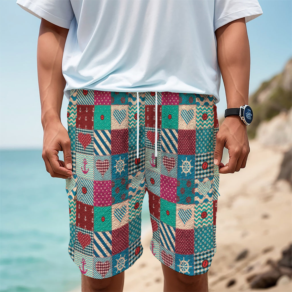 Retro Nautical Patchwork Pattern Print Men's Cargo Shorts