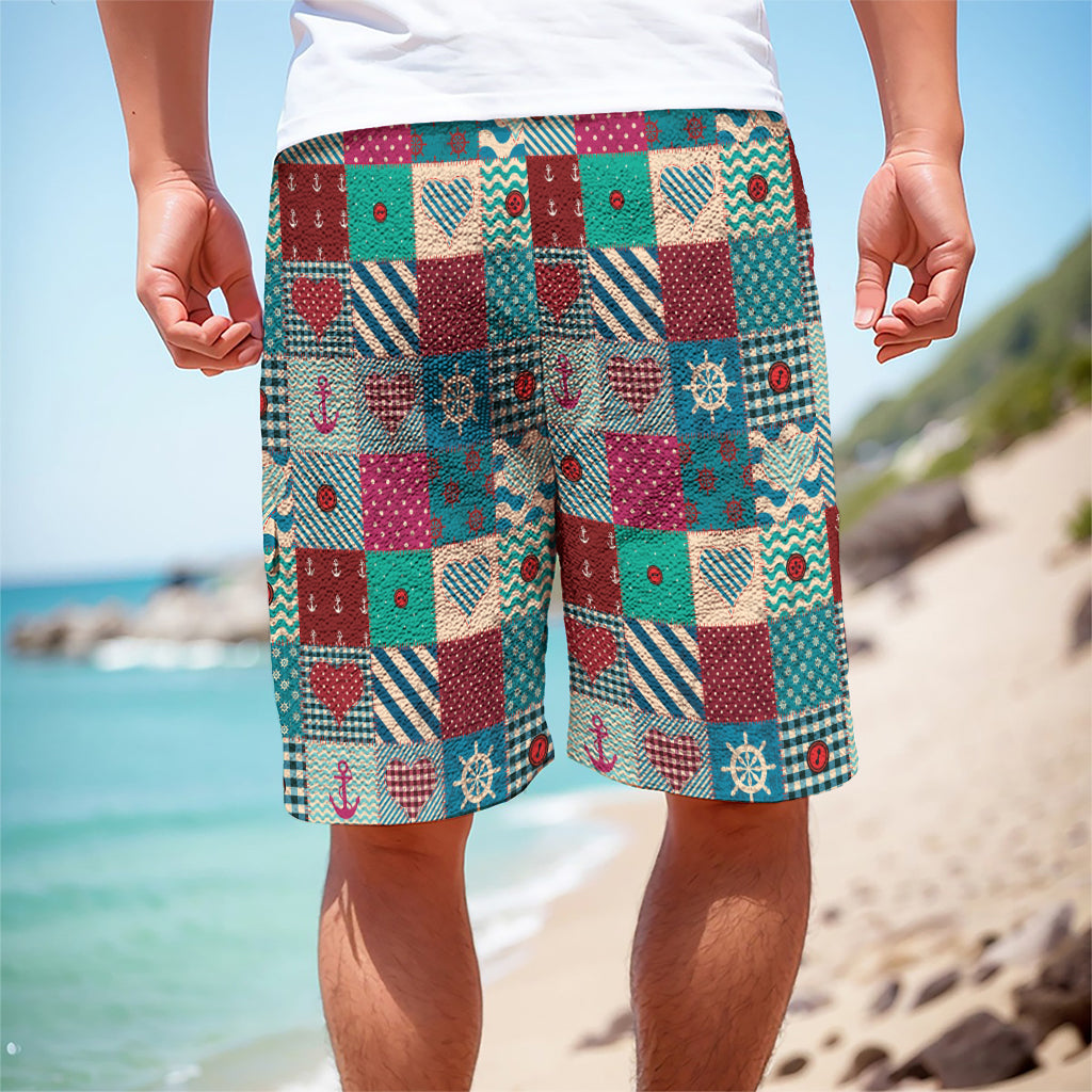 Retro Nautical Patchwork Pattern Print Men's Cargo Shorts