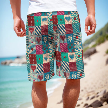 Retro Nautical Patchwork Pattern Print Men's Cargo Shorts