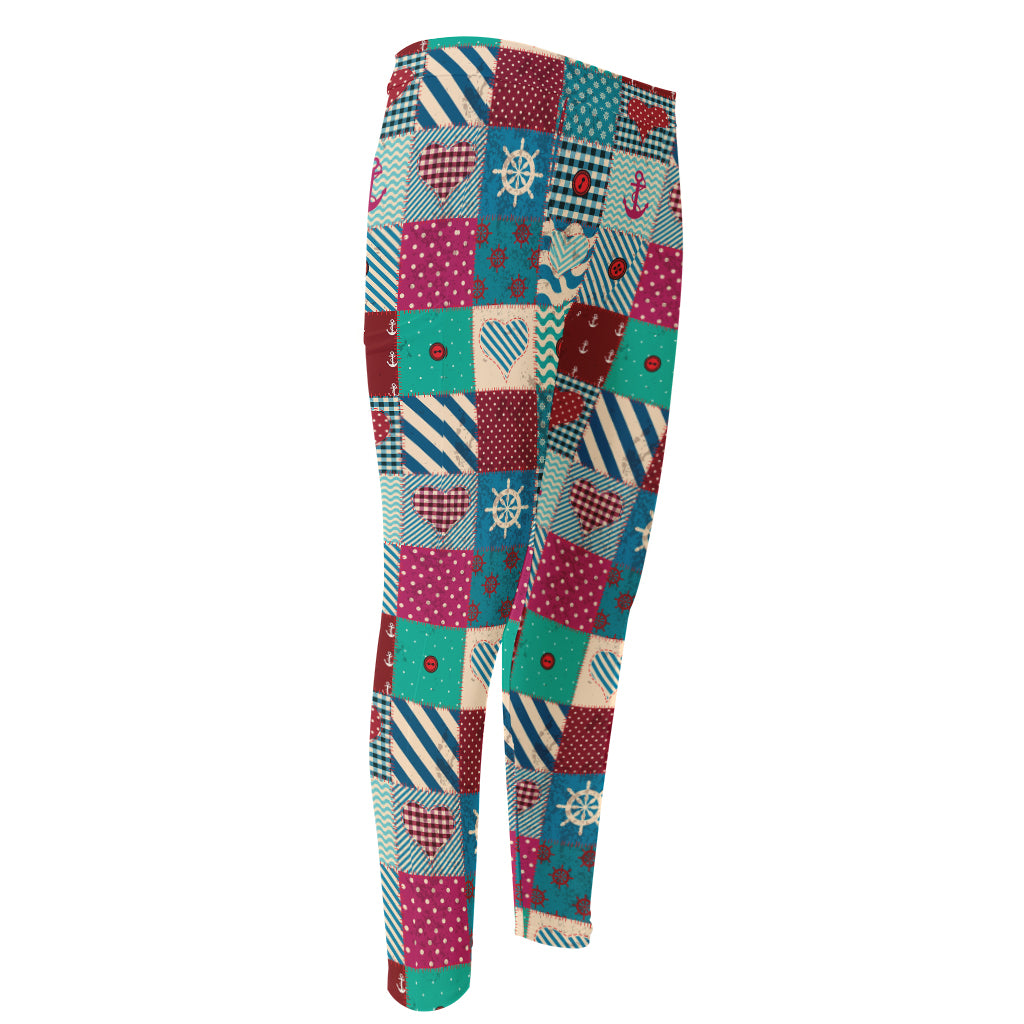 Retro Nautical Patchwork Pattern Print Men's Compression Pants