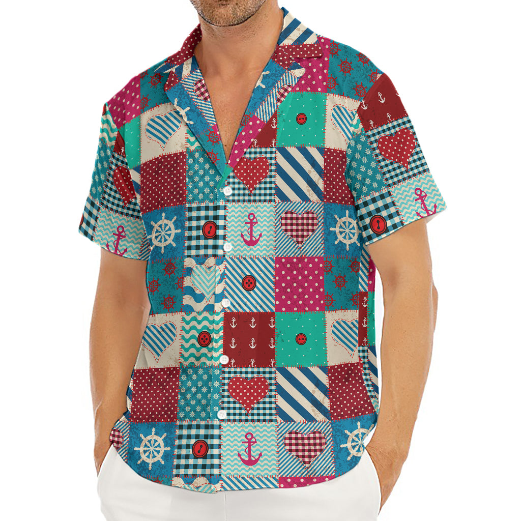 Retro Nautical Patchwork Pattern Print Men's Deep V-Neck Shirt