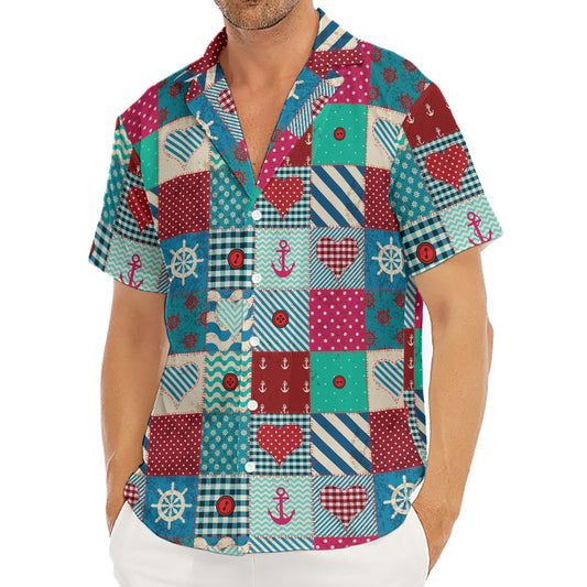 Retro Nautical Patchwork Pattern Print Men's Deep V-Neck Shirt