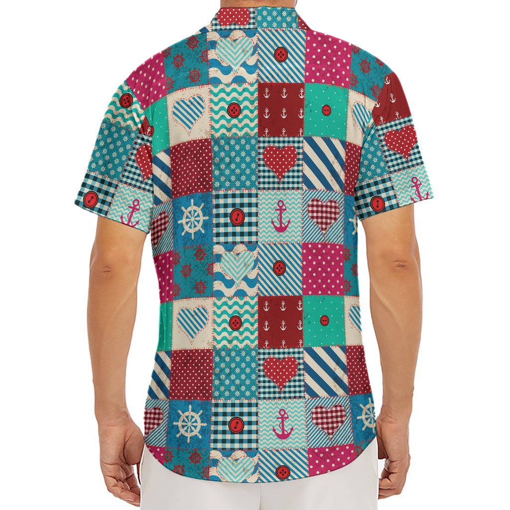 Retro Nautical Patchwork Pattern Print Men's Deep V-Neck Shirt
