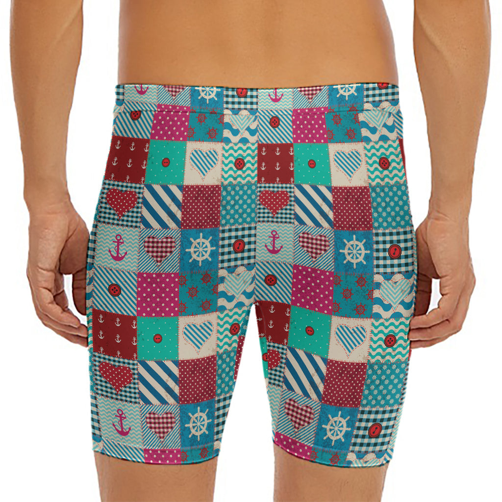 Retro Nautical Patchwork Pattern Print Men's Long Boxer Briefs