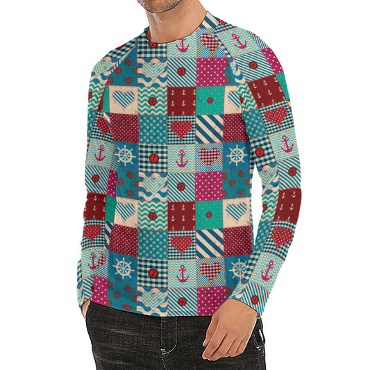Retro Nautical Patchwork Pattern Print Men's Long Sleeve Rash Guard
