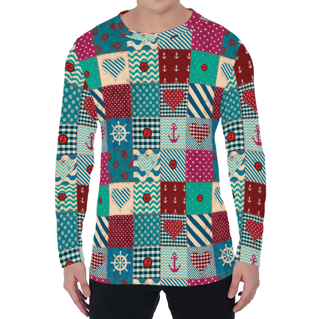 Retro Nautical Patchwork Pattern Print Men's Long Sleeve T-Shirt