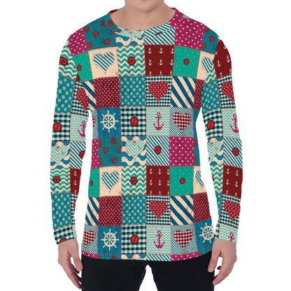 Retro Nautical Patchwork Pattern Print Men's Long Sleeve T-Shirt