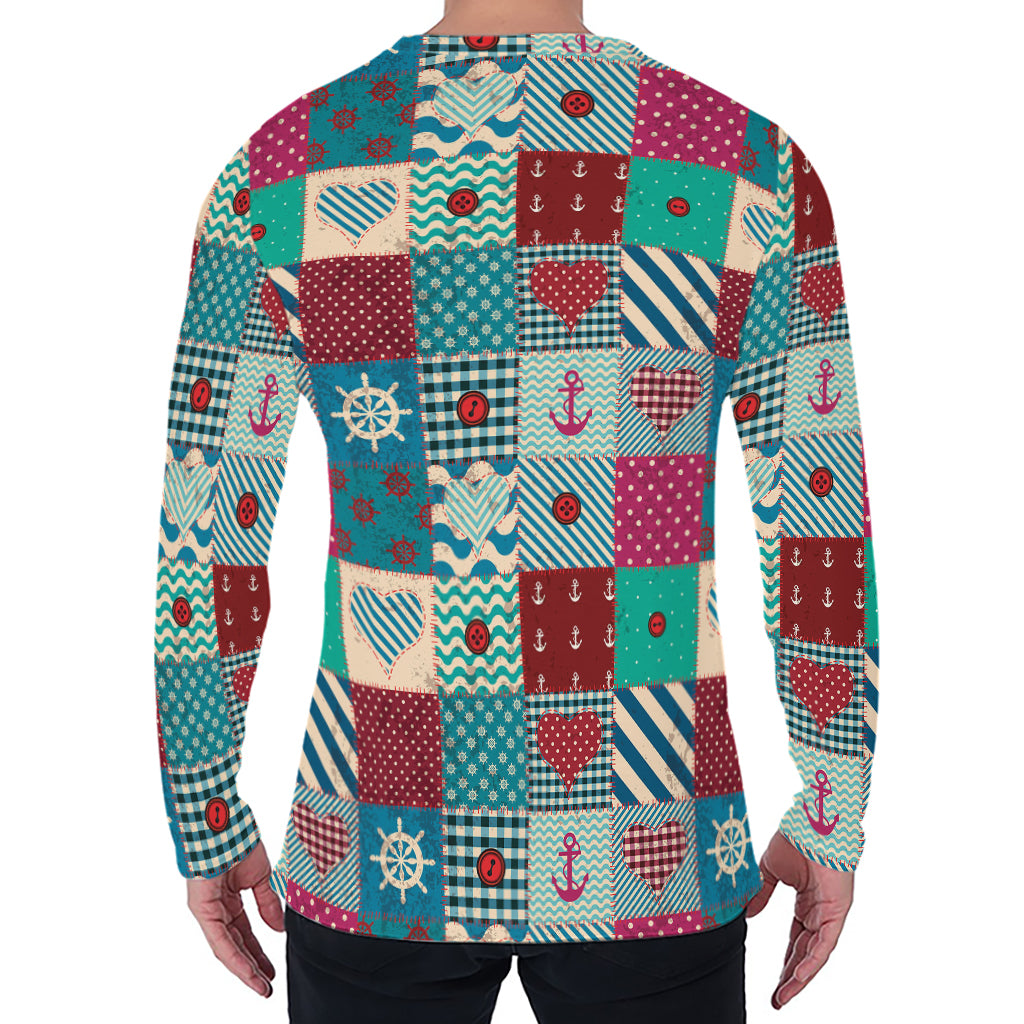 Retro Nautical Patchwork Pattern Print Men's Long Sleeve T-Shirt