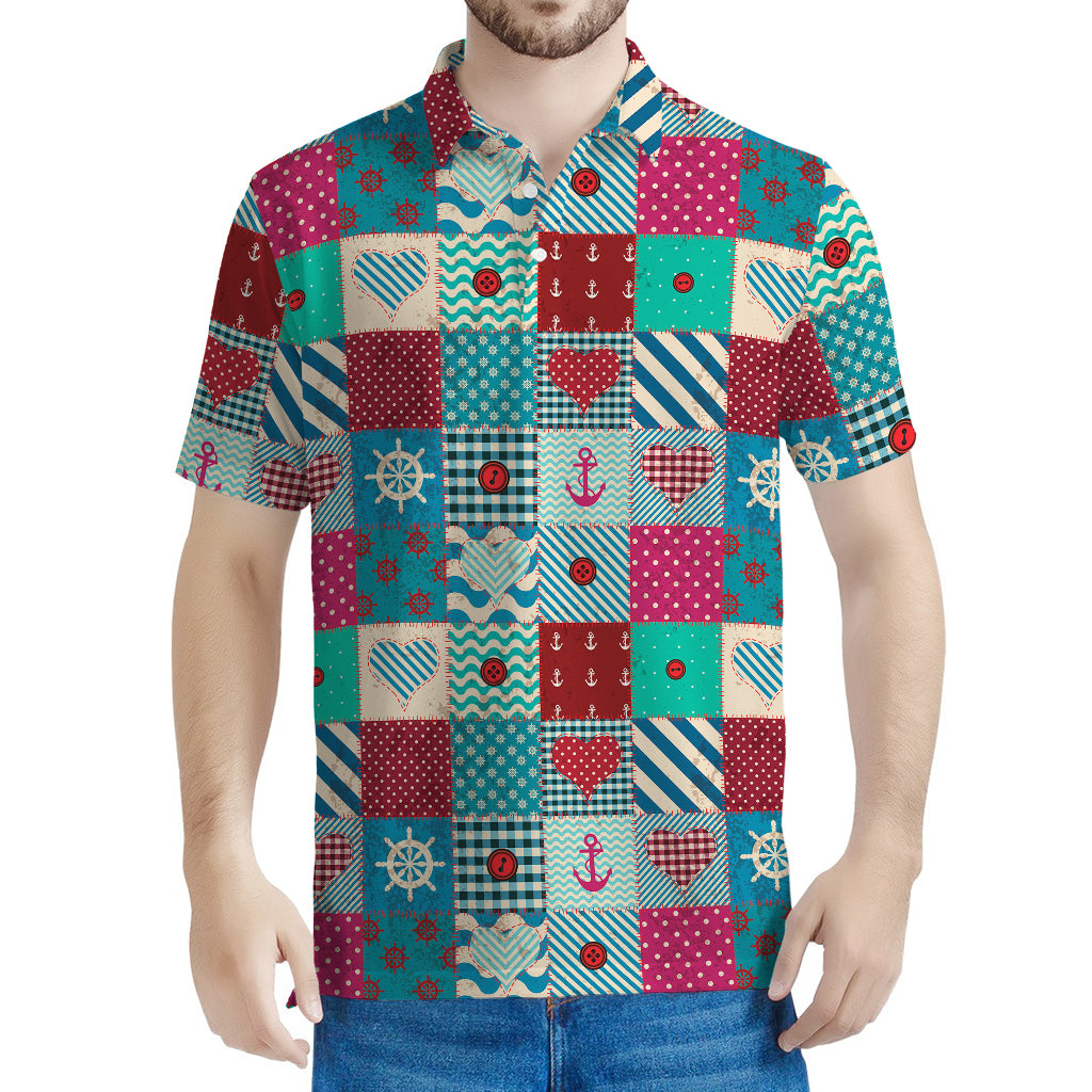 Retro Nautical Patchwork Pattern Print Men's Polo Shirt