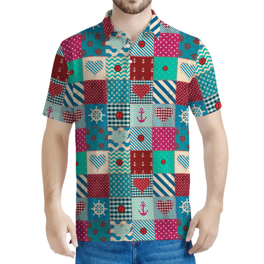 Retro Nautical Patchwork Pattern Print Men's Polo Shirt