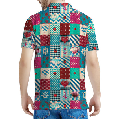 Retro Nautical Patchwork Pattern Print Men's Polo Shirt