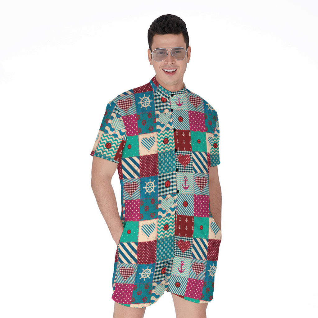 Retro Nautical Patchwork Pattern Print Men's Rompers