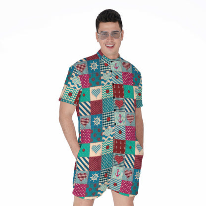 Retro Nautical Patchwork Pattern Print Men's Rompers