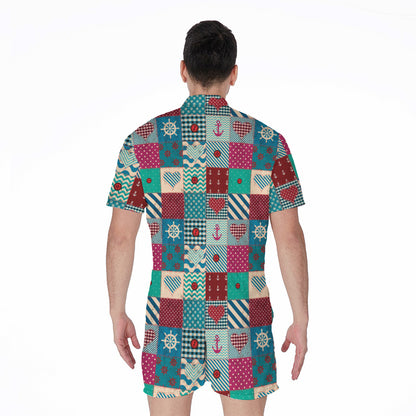 Retro Nautical Patchwork Pattern Print Men's Rompers