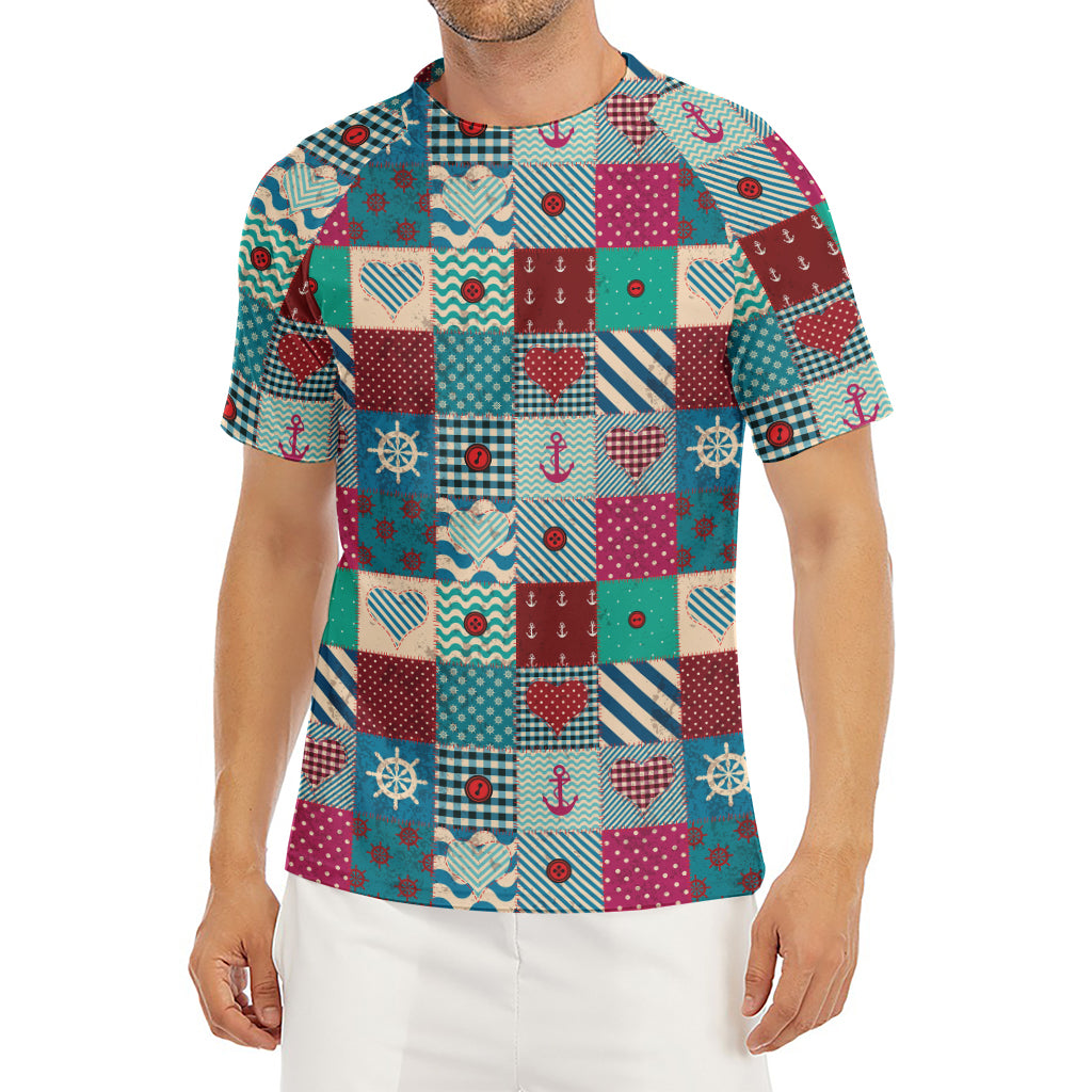 Retro Nautical Patchwork Pattern Print Men's Short Sleeve Rash Guard