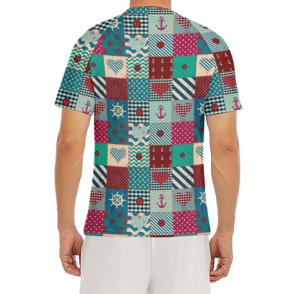 Retro Nautical Patchwork Pattern Print Men's Short Sleeve Rash Guard