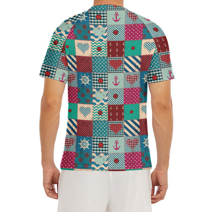 Retro Nautical Patchwork Pattern Print Men's Short Sleeve Rash Guard