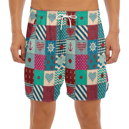 Retro Nautical Patchwork Pattern Print Men's Split Running Shorts