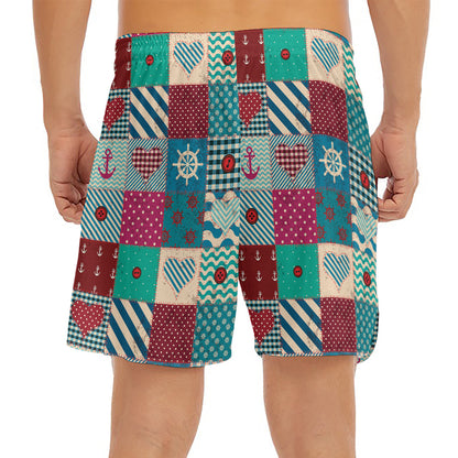 Retro Nautical Patchwork Pattern Print Men's Split Running Shorts