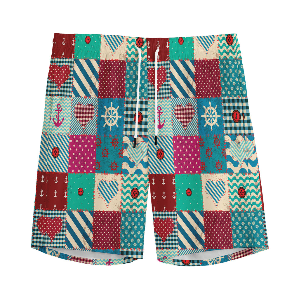 Retro Nautical Patchwork Pattern Print Men's Sports Shorts