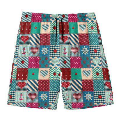 Retro Nautical Patchwork Pattern Print Men's Swim Trunks