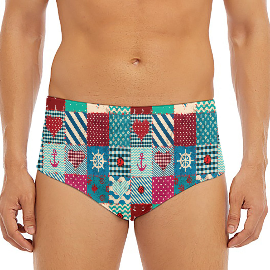 Retro Nautical Patchwork Pattern Print Men's Triangle Swim Briefs