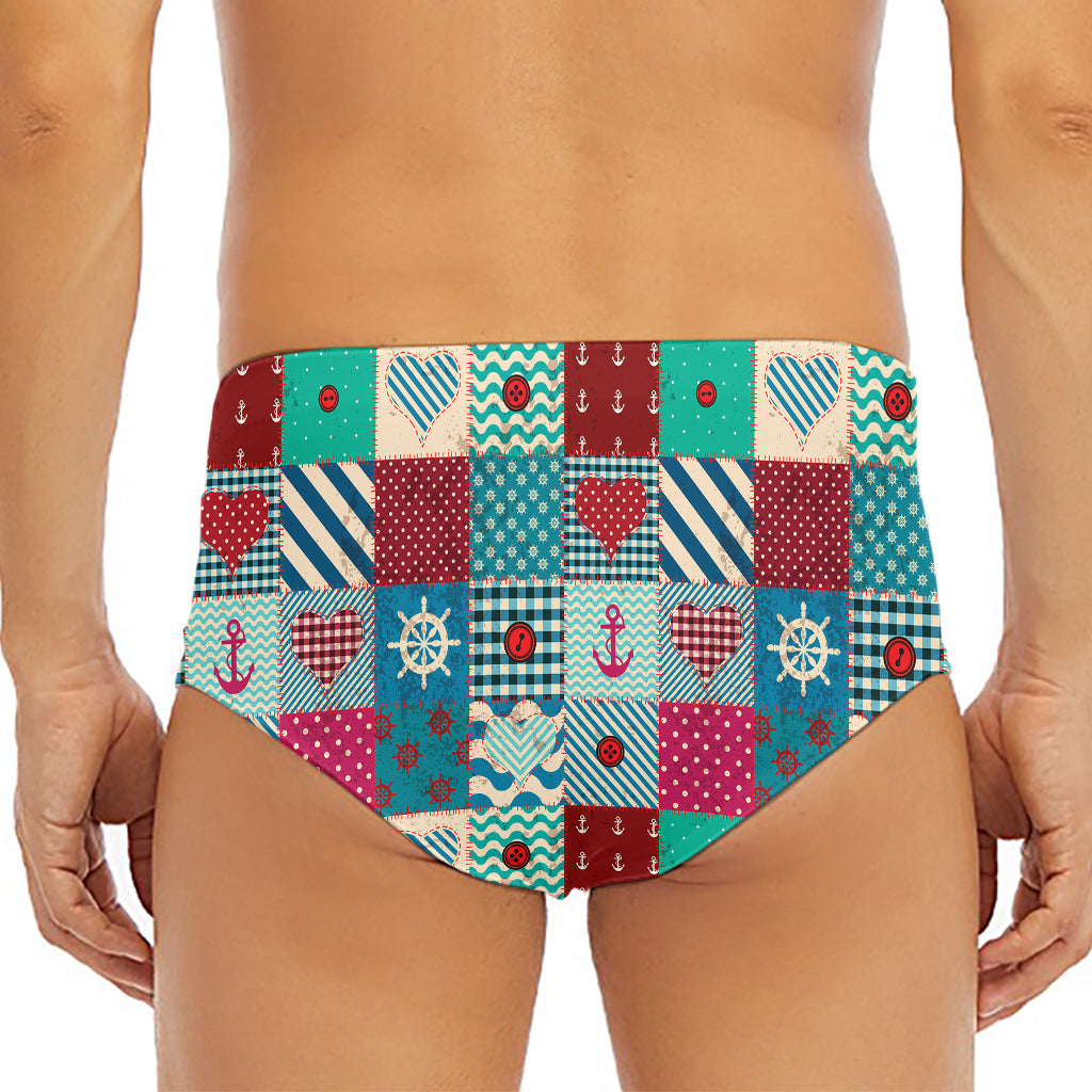 Retro Nautical Patchwork Pattern Print Men's Triangle Swim Briefs