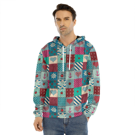 Retro Nautical Patchwork Pattern Print Men's Velvet Pullover Hoodie