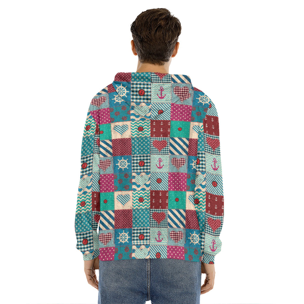 Retro Nautical Patchwork Pattern Print Men's Velvet Pullover Hoodie