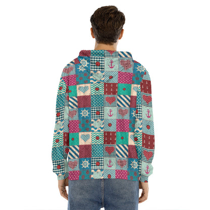 Retro Nautical Patchwork Pattern Print Men's Velvet Pullover Hoodie