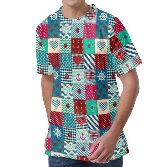 Retro Nautical Patchwork Pattern Print Men's Velvet T-Shirt
