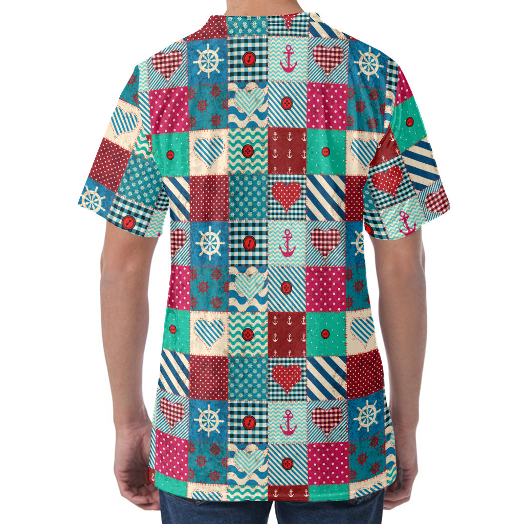 Retro Nautical Patchwork Pattern Print Men's Velvet T-Shirt