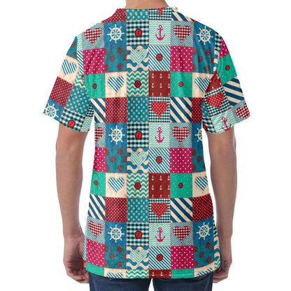 Retro Nautical Patchwork Pattern Print Men's Velvet T-Shirt