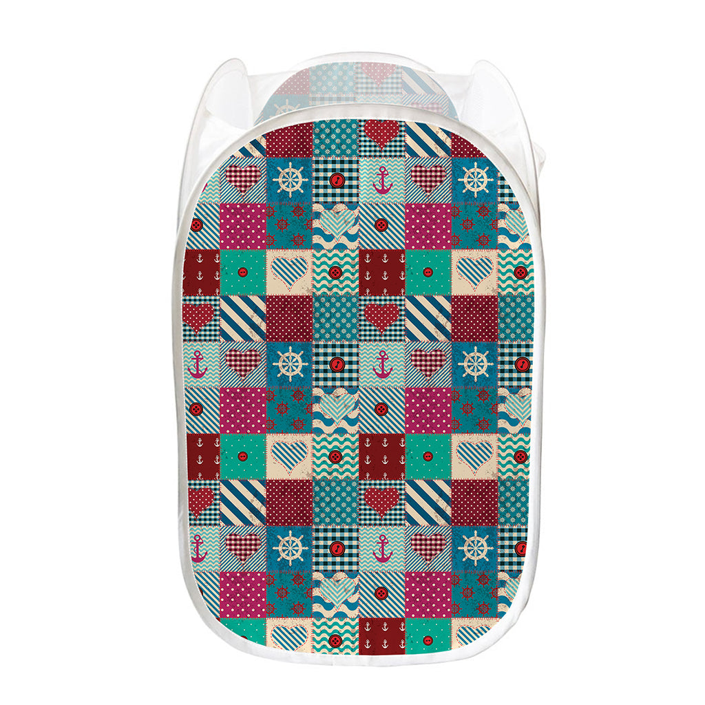 Retro Nautical Patchwork Pattern Print Mesh Laundry Hamper