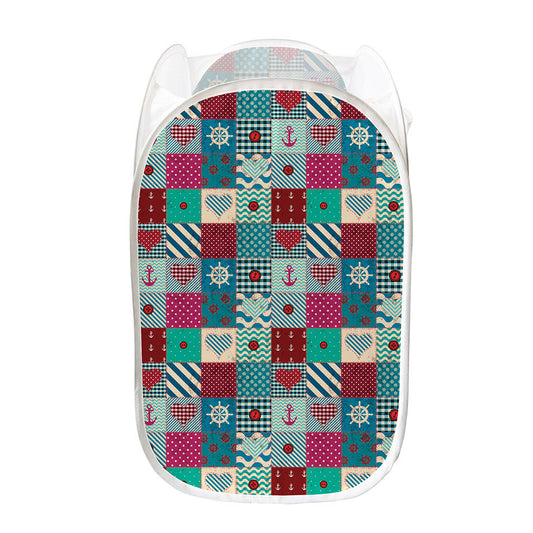 Retro Nautical Patchwork Pattern Print Mesh Laundry Hamper