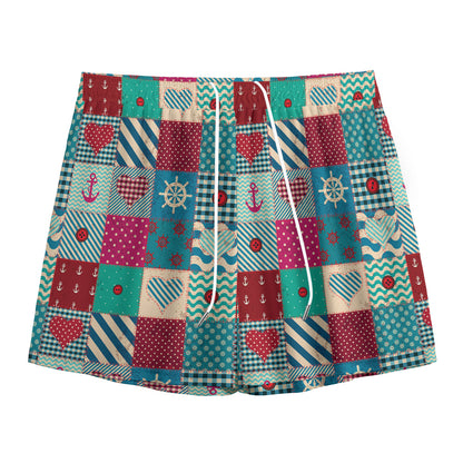 Retro Nautical Patchwork Pattern Print Mesh Shorts