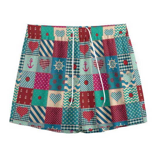 Retro Nautical Patchwork Pattern Print Mesh Shorts