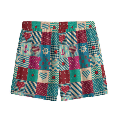 Retro Nautical Patchwork Pattern Print Mesh Shorts